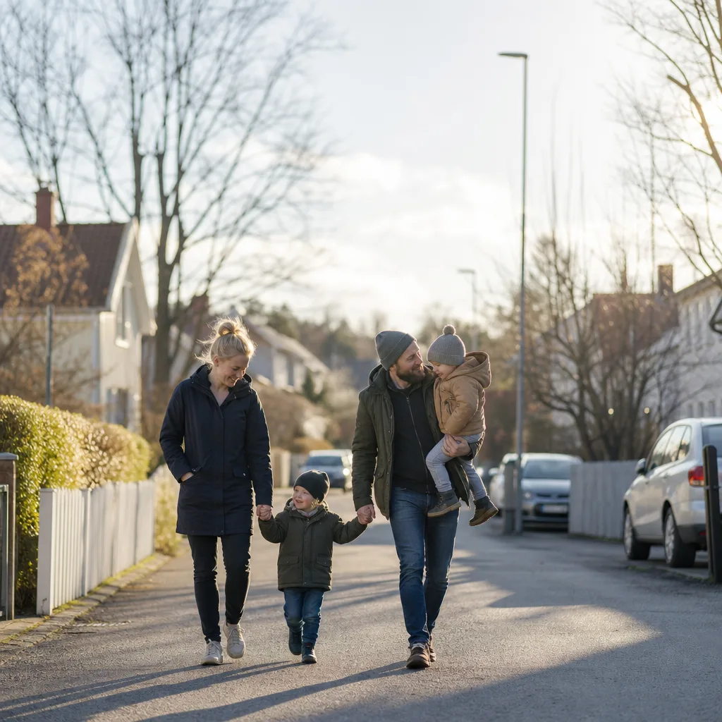 Familjehem med leksaker i vardagsrum, skandinavisk inredning