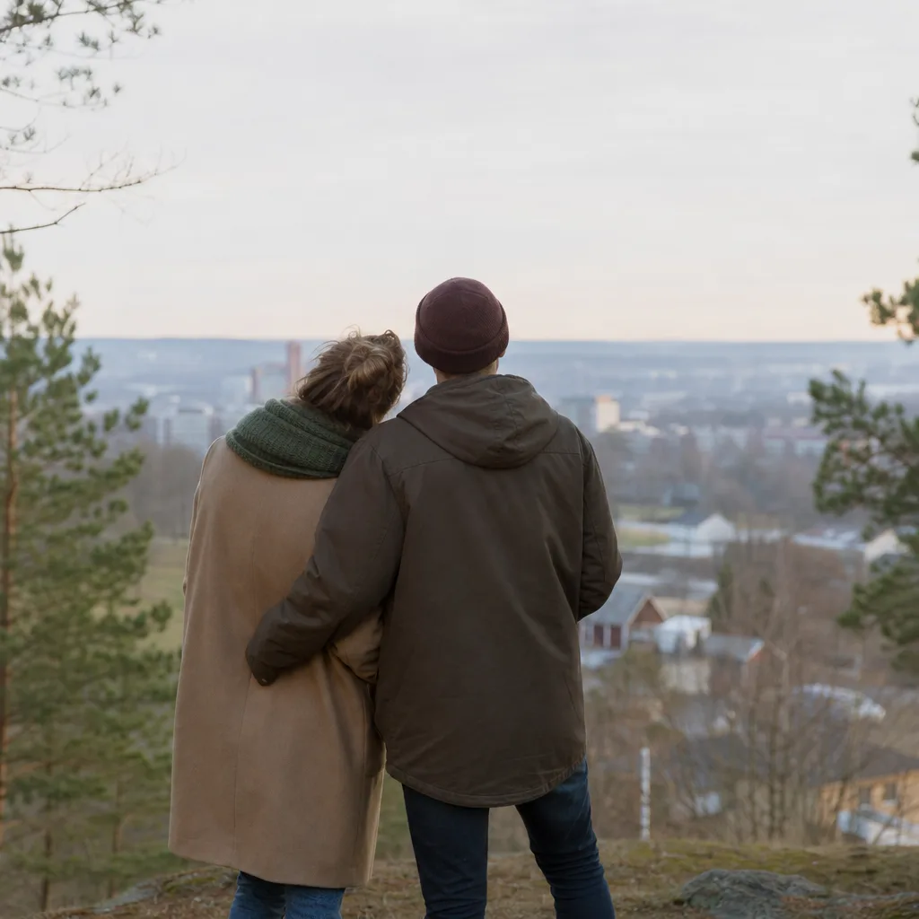 Ljust vardagsrum för ett par med skandinavisk inredning och morgonkaffe på bordet